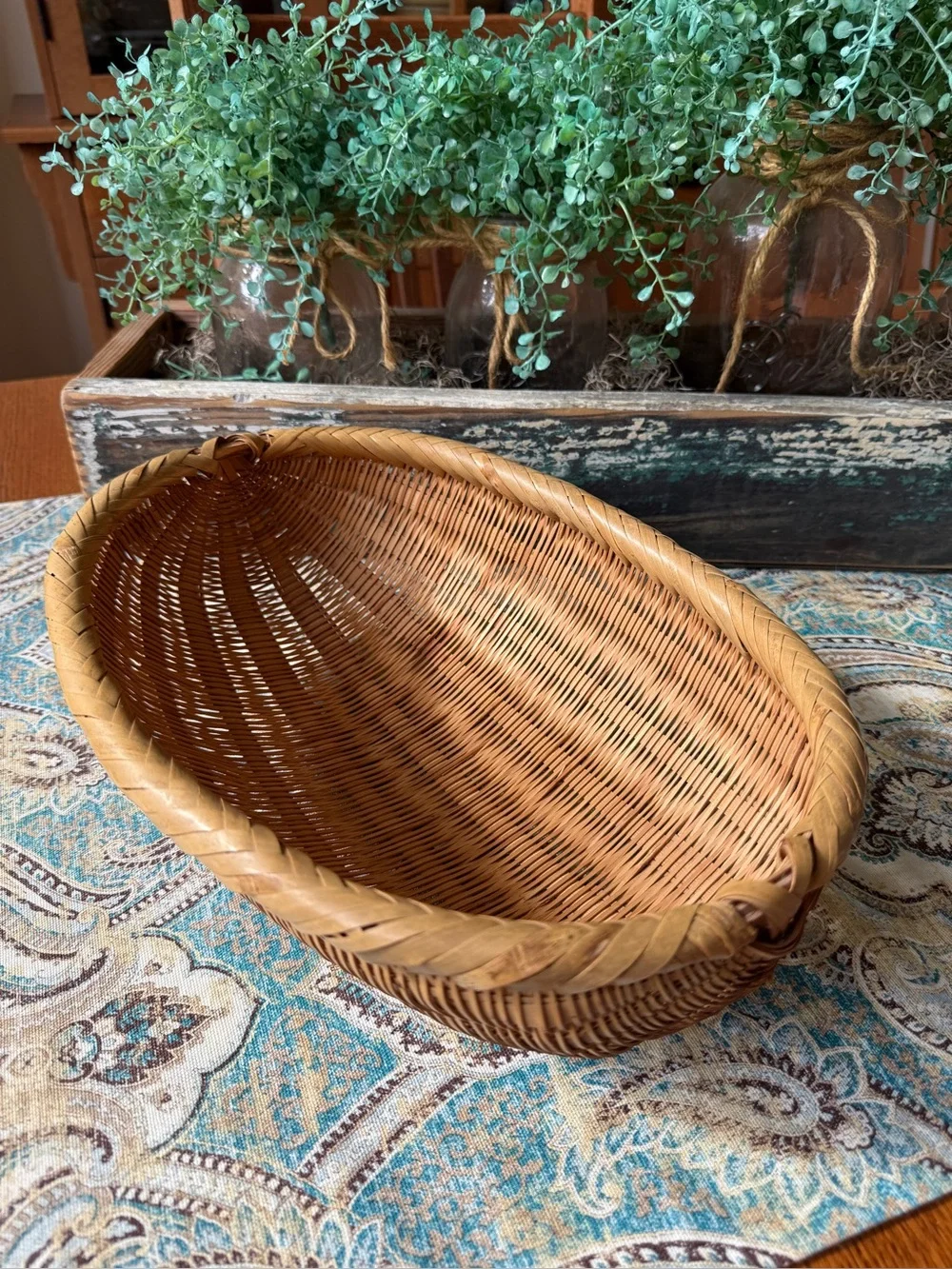 Hand Woven Split Reed Basket Oval Gathering Basket Vintage Farmhouse Decor